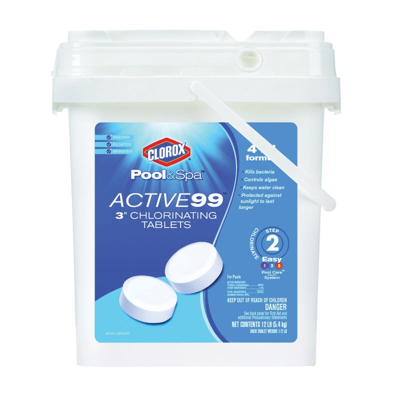 Clorox POOL &amp; Spa ACTIVE99 22412CLX Chlorinating Tablet, Solid, Chlorine, 12 lb 3 In, White