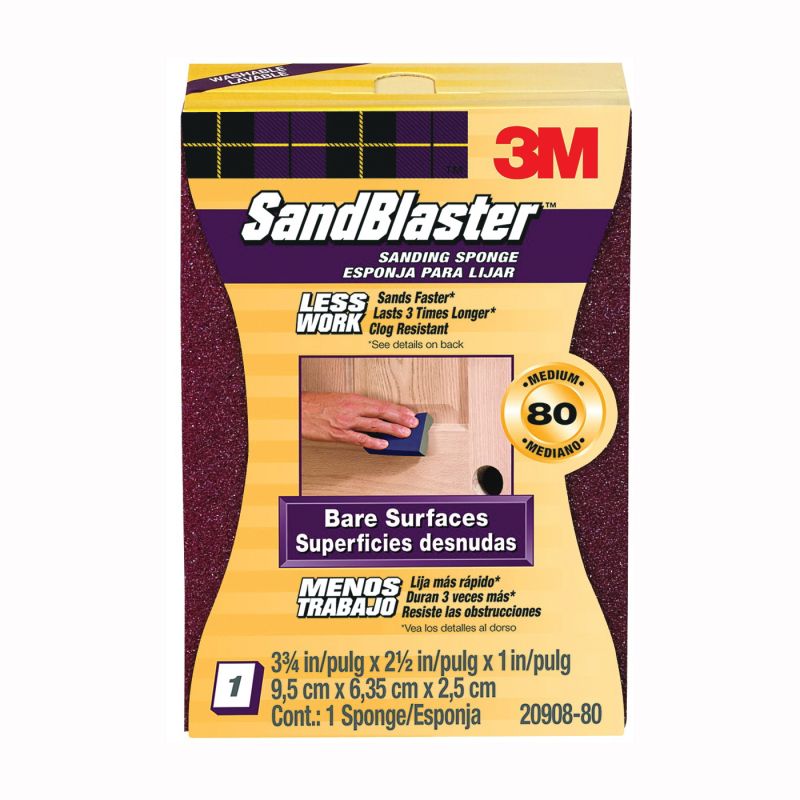 3M SandBlaster 20908-80 Sanding Sponge, 3-3/4 in L, 2-5/8 in W, 80 Grit, Medium, Aluminum Oxide Abrasive Maroon