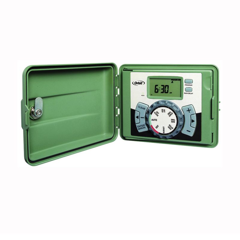 Orbit 57894 Indoor/Outdoor Timer, 120 V, 4 -Zone, 3 -Program, LCD Display, Plug-and-Go Mounting, Green Green