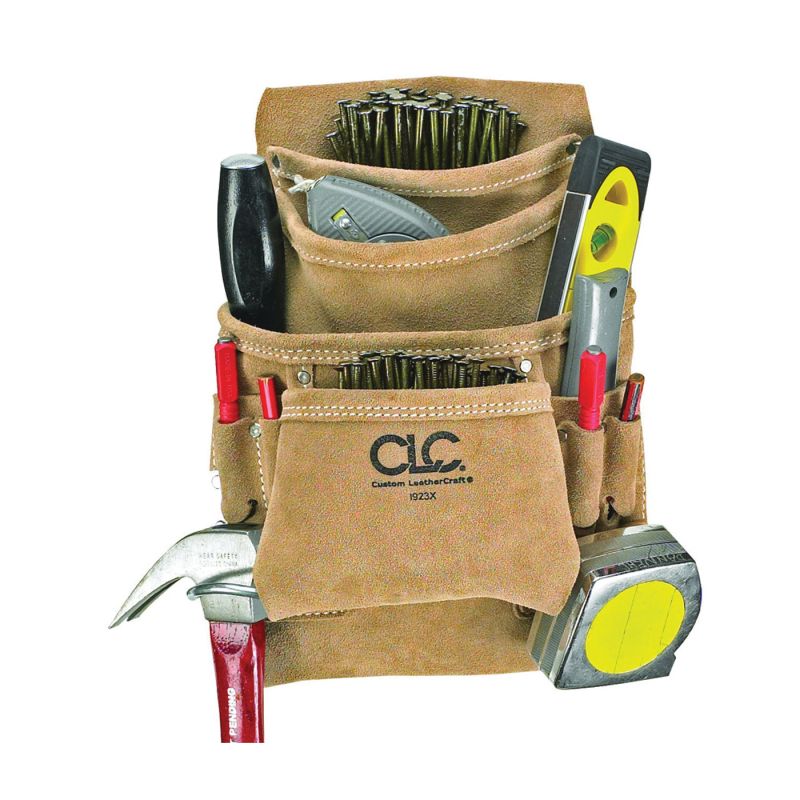 CLC Tool Works Series I923X Nail and Tool Bag, 10-Pocket, Suede Leather, Tan, 20-1/2 in W, 12 in H Tan