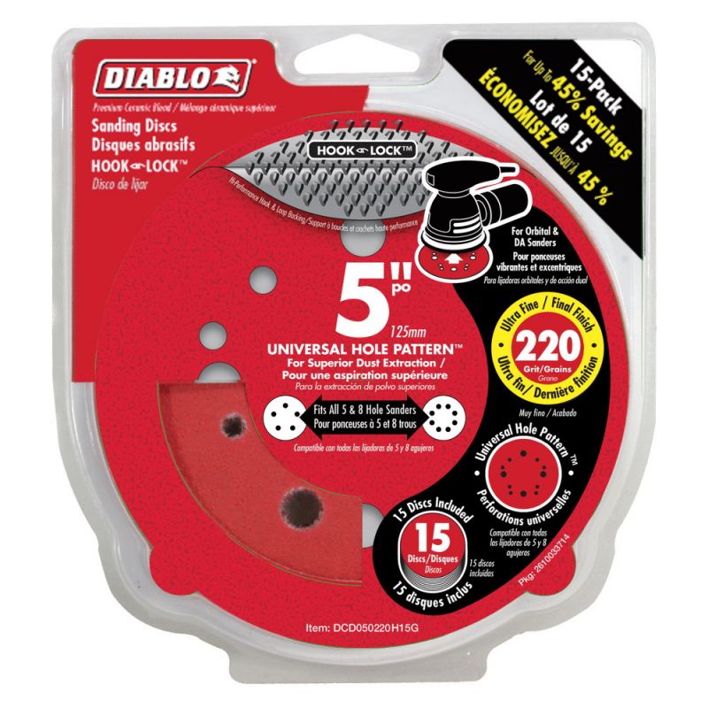 Diablo DCD050220H15G Sanding Disc, 5 in Dia, Coated, Grain, 220 Grit, Ultra Fine, Ceramic Abrasive, Paper Backing
