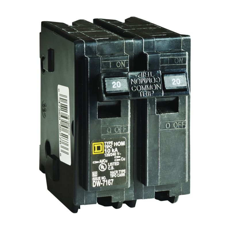 Square D Homeline HOM220CP Circuit Breaker, Mini, 20 A, 2 -Pole, 120/240 V, Fixed Trip, Plug Mounting, Black Black