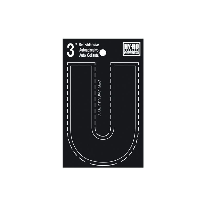 Hy-Ko 30400 Series 30431 Die-Cut Letter, Character: U, 3 in H Character, Black Character, Vinyl (Pack of 10)