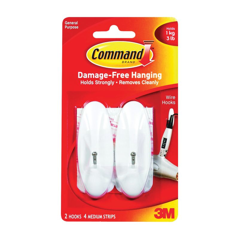 Command 17068 Wire Hook, 0.3 in Opening, 3 lb, 2-Hook, Metal/Plastic, White White
