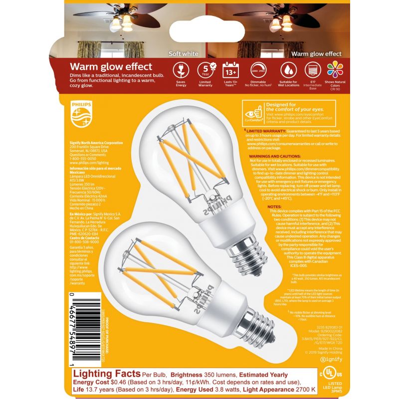 Philips Warm Glow A15 E17 Base Dimmable LED Light Bulb