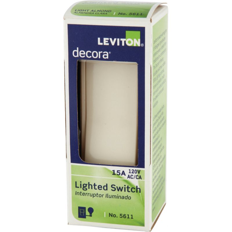 Leviton Decora Illuminated Rocker Single Pole Switch Light Almond, 15