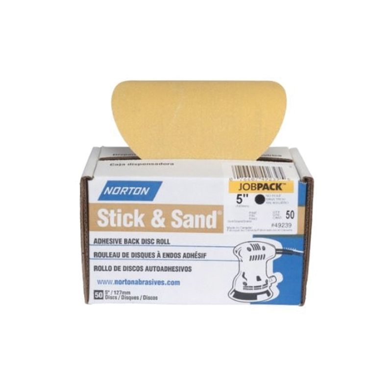 Norton Stick &amp; Sand Series 07660749236 Disc Roll, 5 in Dia, Coated, P100 Grit, Medium, Aluminum Oxide Abrasive, No-Hole