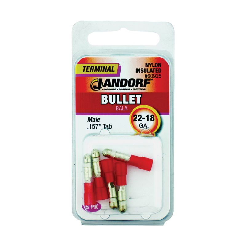 Jandorf 60925 Bullet Terminal, 600 V, 22 to 18 AWG Wire, Nylon Insulation, Copper Contact, Red Red