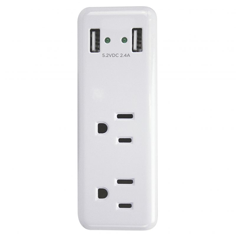PowerZone ORUSB242 Outlet Charger, 2.4 A, 2-USB Port, 2-Outlet, White White