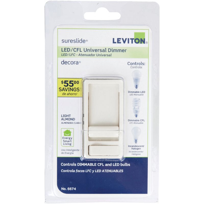 Leviton Decora SureSlide Universal Slide Dimmer Switch Light Almond