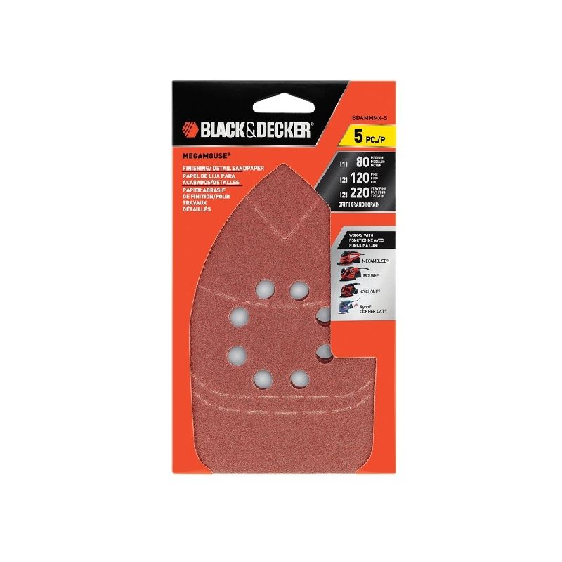 Black+Decker BDAMMMX-5 Sanding Sheet, 4.06 in W, 4-3/8 in L, 80, 120, 220 Grit, Aluminum Oxide Abrasive Brown