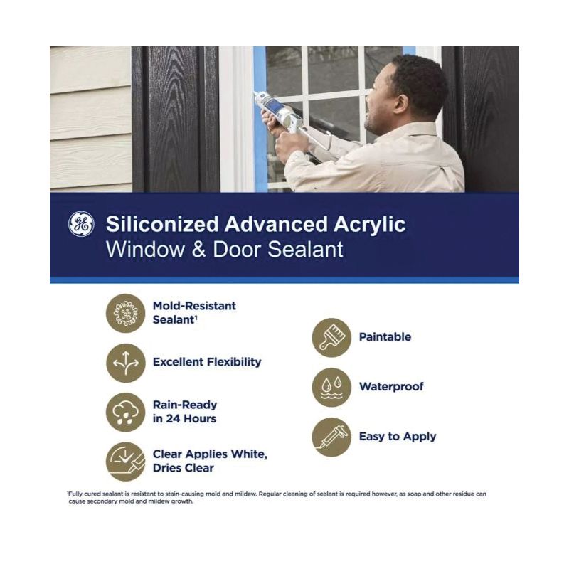 GE Siliconized Advanced Acrylic 2863819 Window &amp; Door Sealant, Clear, 1 to 14 days Curing, 10 fl-oz Cartridge Clear (Pack of 12)