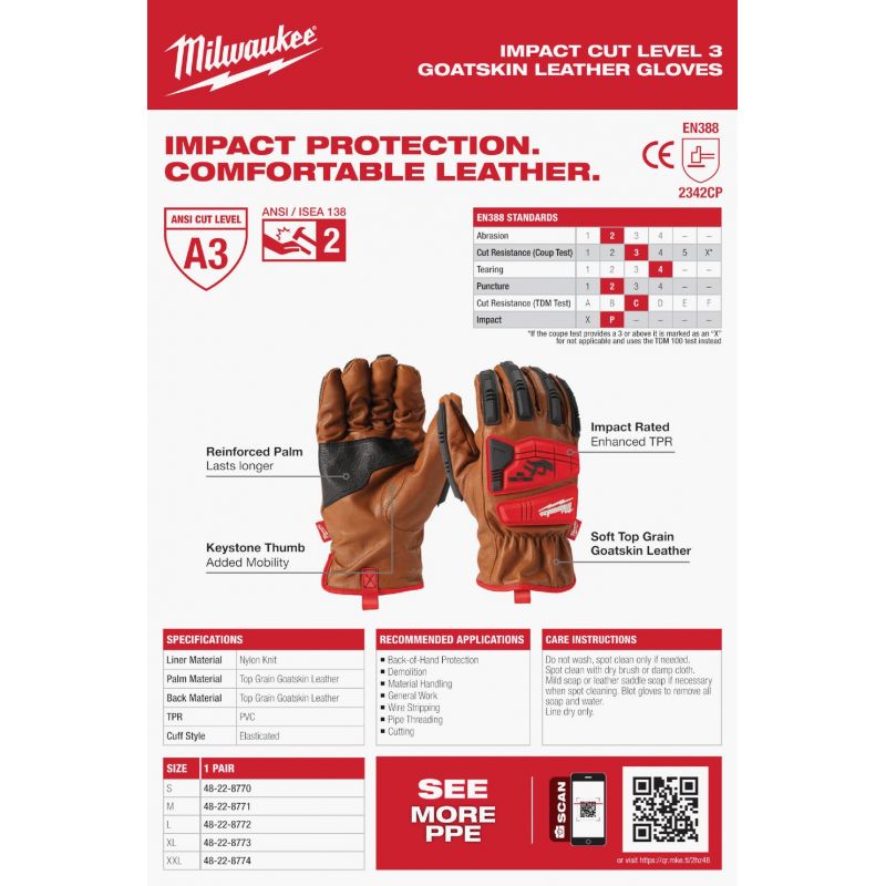 Buy Milwaukee Impact Cut Level 3 Goatskin Leather Work Gloves XL, Red &  Brown