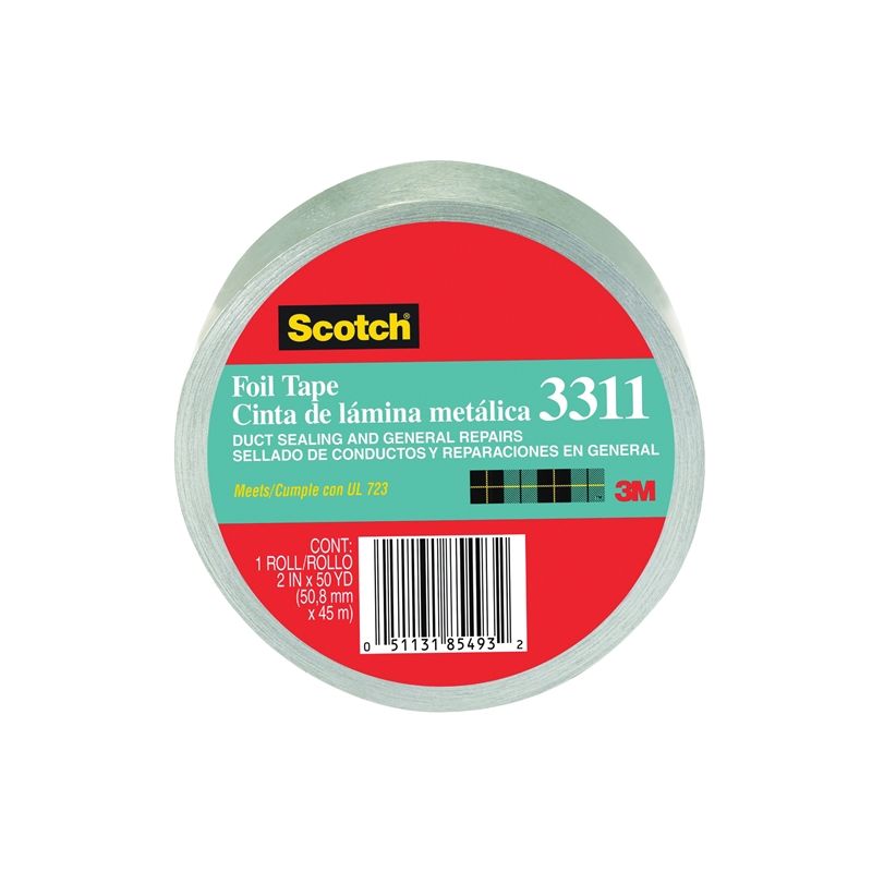 Scotch 3311-10A Foil Tape, 10 yd L, 2 in W, Aluminum Backing, Silver Silver