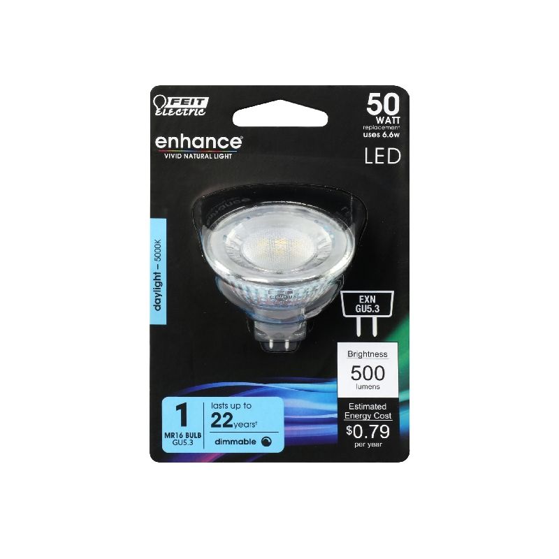 Feit Electric BPEXN/950CA LED Bulb, Track/Recessed, MR16 Lamp, 50 W Equivalent, GU5.3 Lamp Base, Dimmable, Clear