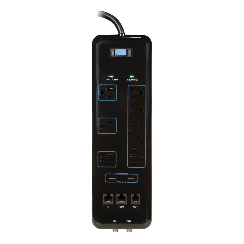 PowerZone OR503118 Surge Protector Power Strip, 125 V, 15 A, 8-Outlet, 3600 Joules Energy, Black Black