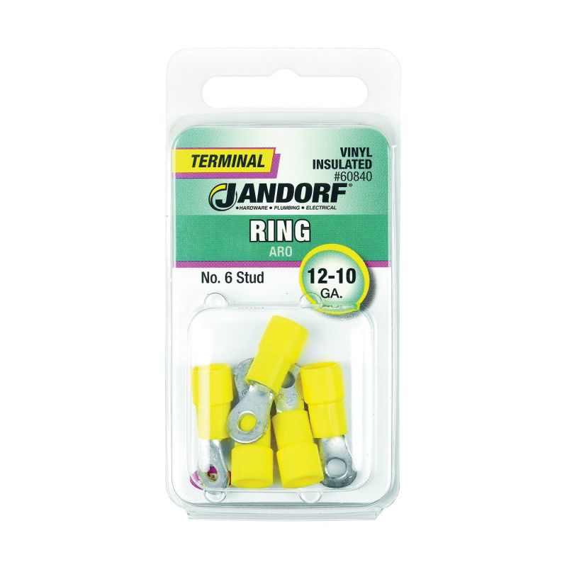 Jandorf 60840 Ring Terminal, 12 to 10 AWG Wire, #6 Stud, Vinyl Insulation, Copper Contact, Yellow Yellow