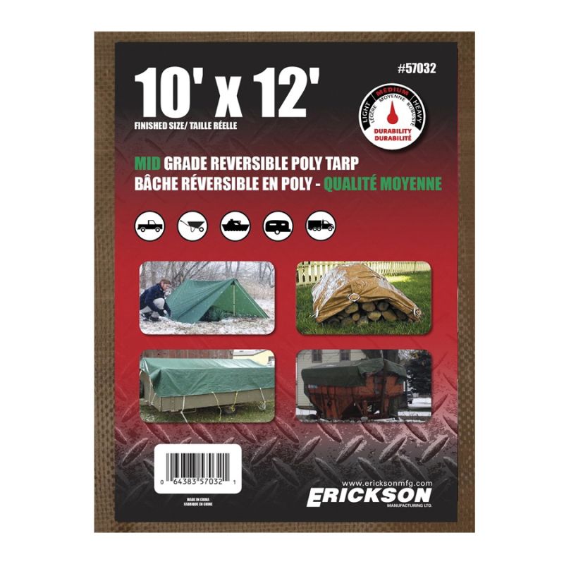 Erickson 57032 Mid-Grade Reversible Tarp, 12 ft L, 10 ft W, 5.5 mm Thick, Polyethylene, Brown/Green Brown/Green