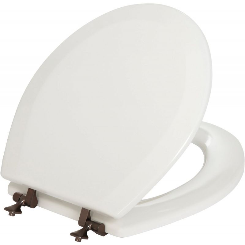 Mayfair Round STA-TITE Wood Toilet Seat With Oil Rubbed Bronze Hinges White, Round