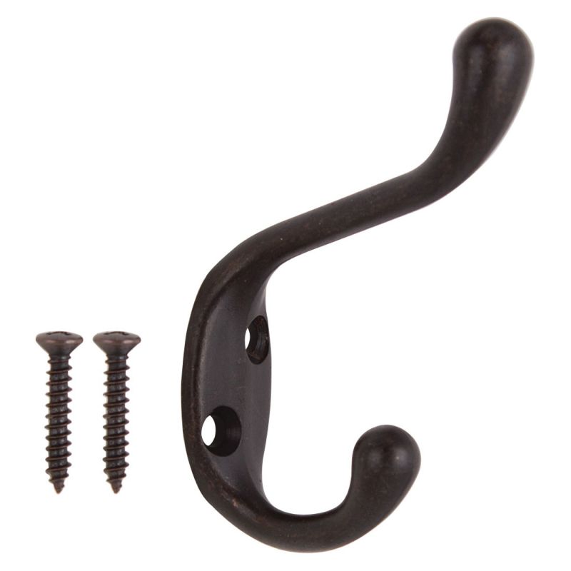 ProSource H6271007ORB-PS Coat and Hat Hook, 22 lb, 2-Hook, 1-1/64 in Opening, Zinc, Oil-Rubbed Bronze Black