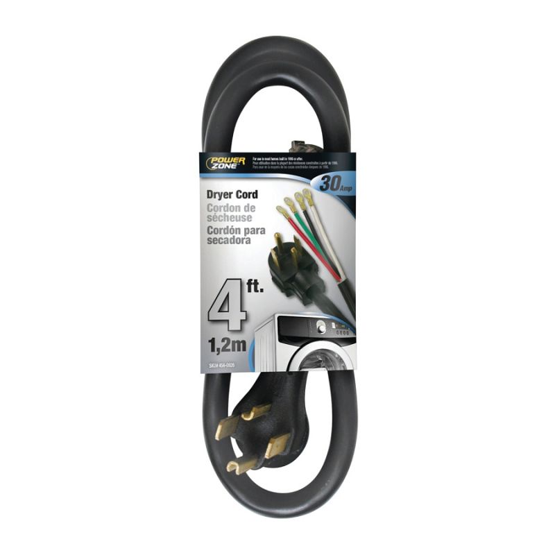 PowerZone Power Supply Dryer Cord, 10 AWG Cable, 4 ft L, 30 A, 250 V, Black