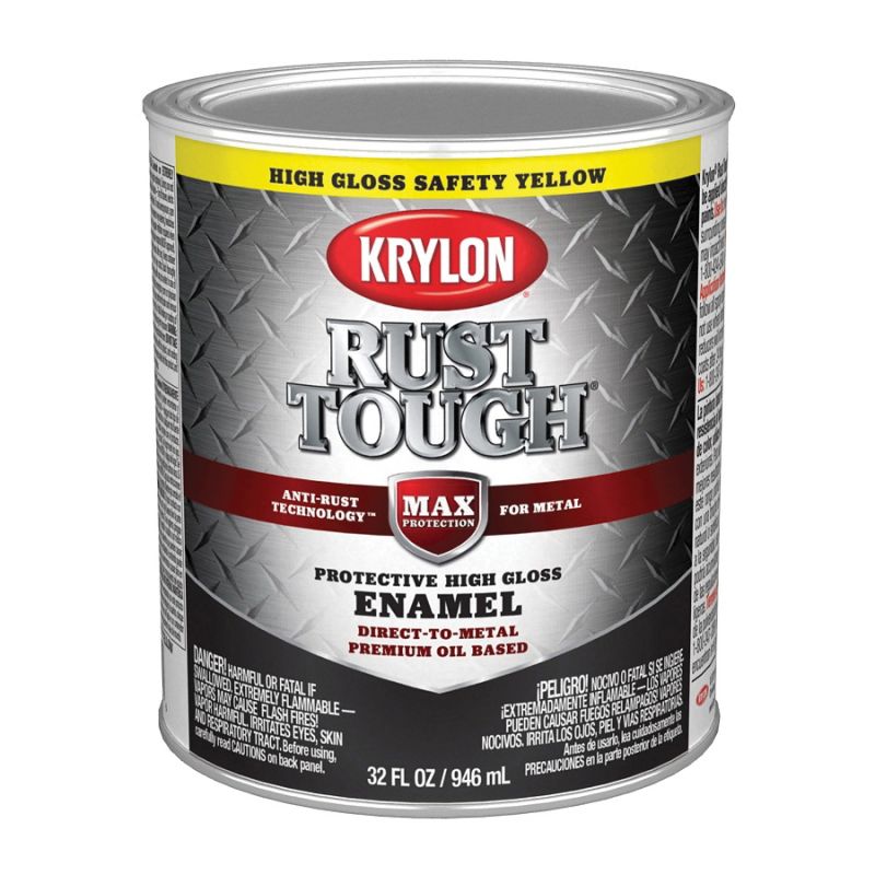 Krylon Rust Tough K09713008 Rust Preventative Paint, Gloss, Safety Yellow/Sun, 1 qt, 400 sq-ft/gal Coverage Area Safety Yellow/Sun