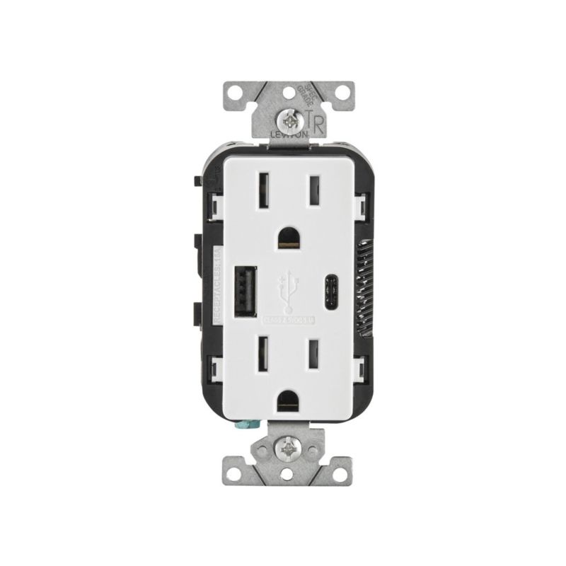 Leviton R02-T5633-0BW Receptacle/Outlet, 15 A, 125 V, 2 -USB Port, Type A, C USB, NEMA: NEMA 5-15R, White White
