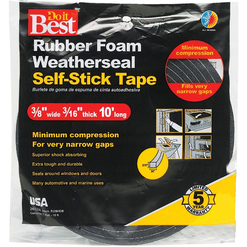 Do it Best Rubber Foam Weatherstrip Tape 3/8&quot; W X 3/16 &quot;T X 10&#039; L, Black