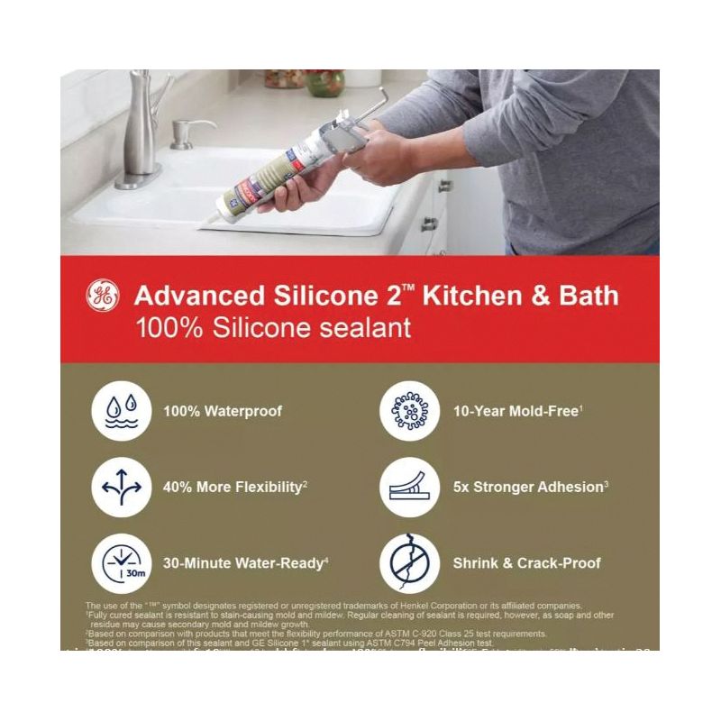 GE Advanced Silicone 2 2812565 Kitchen &amp; Bath Sealant, White, 24 hr Curing, 10.1 fl-oz Cartridge White (Pack of 12)