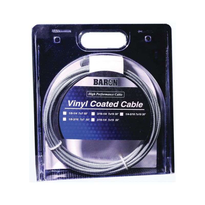 BARON 50255/50225 Aircraft Cable, 3/16 to 1/4 in Dia, 30 ft L, 740 lb Working Load, Galvanized Steel