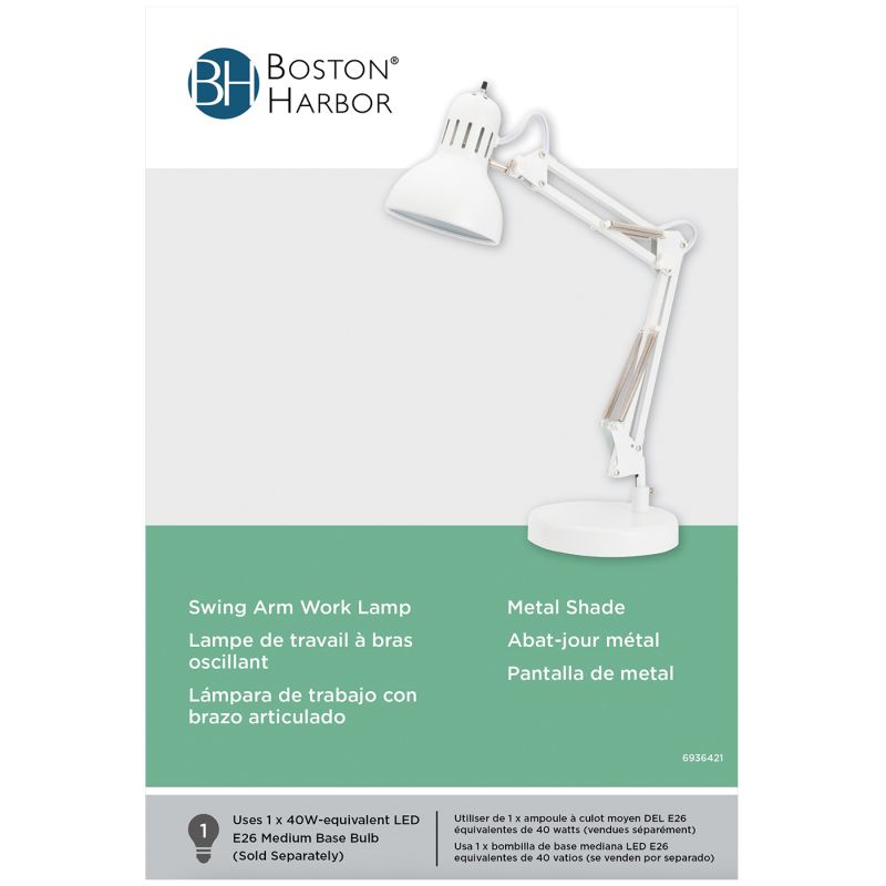 Boston Harbor TL-WK-134E-WH-3L Swing Arm Work Lamp, 120 V, 60 W, 1-Lamp, A19 or CFL Lamp, White White