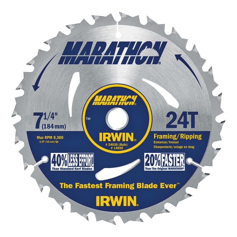 Irwin Marathon 24030 Circular Saw Blade, 7-1/4 in Dia, 5/8 in Arbor, 24-Teeth, Carbide Cutting Edge