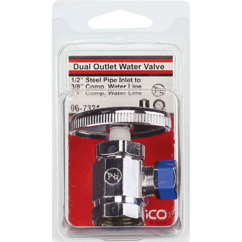 Lasco 3-Way Iron Pipe x Compression Angle Valve 1/2&quot; IP Inletx3/8&quot;C Outletx3/8&quot; C Outlet