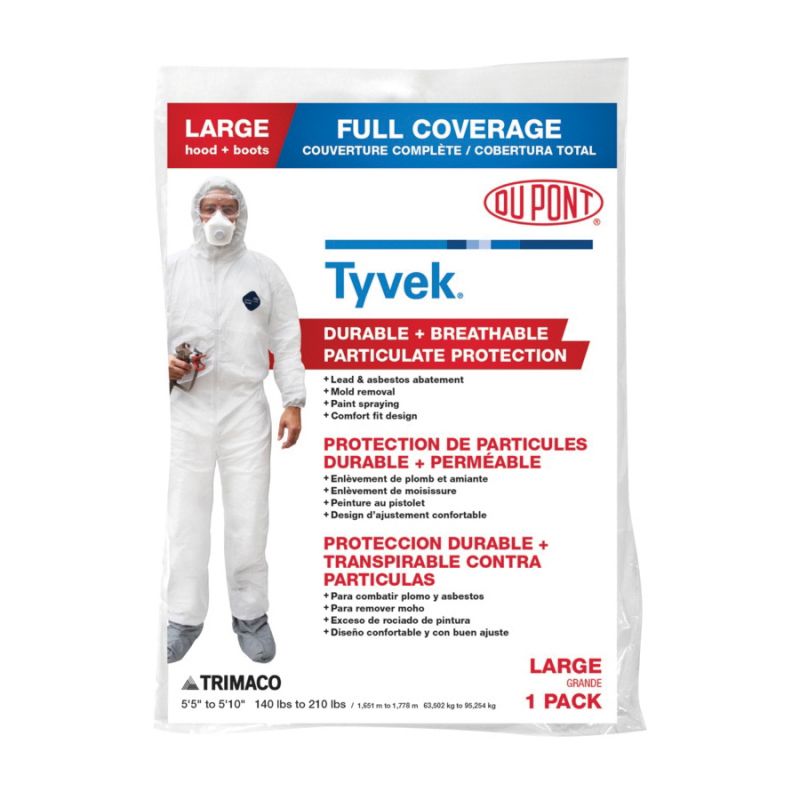 Trimaco COLORmaxx 141222/12 Protective Coveralls with Hood and Boots, L, Zipper Closure, Tyvek, White L, White