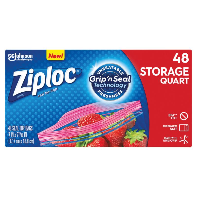 Ziploc 310 Storage Bag, 1 qt Capacity, Plastic, 48/PK 1 Qt