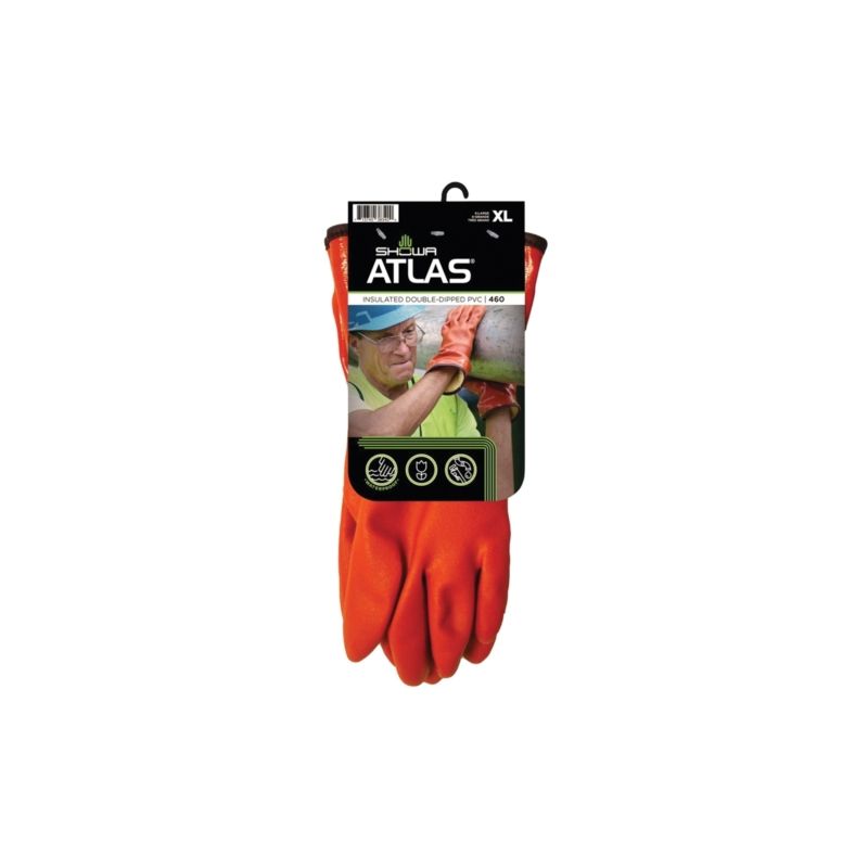 Showa 460XL-10.RT Coated Gloves, XL, 11-13/16 in L, Gauntlet Cuff, PVC, Orange XL, Orange