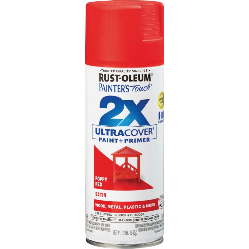 Rust-Oleum Painter&#039;s Touch 2X Ultra Cover Paint + Primer Spray Paint Poppy Red, 12 Oz.
