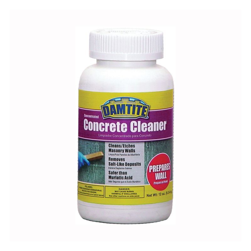 Damtite 09712 Concrete Cleaner, Crystals, Odorless, Opaque White, 12 oz, Bottle Opaque White
