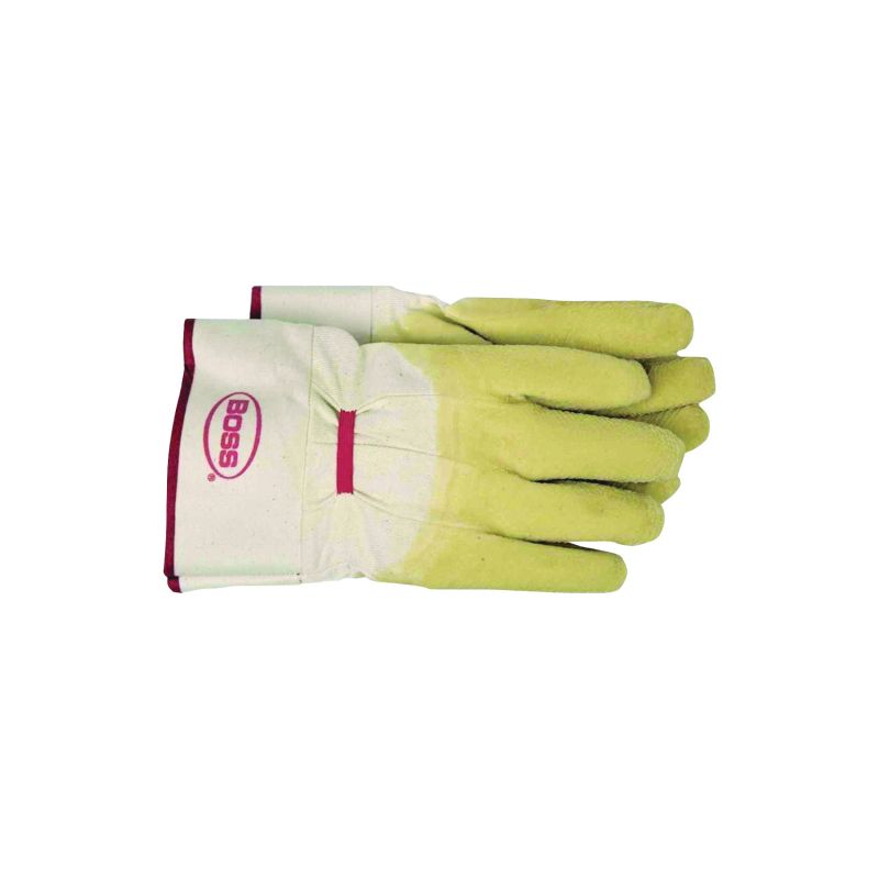 Boss 8424L Protective Gloves, L, Band Top Cuff, Cotton/Polyester Glove, White/Yellow L, White/Yellow