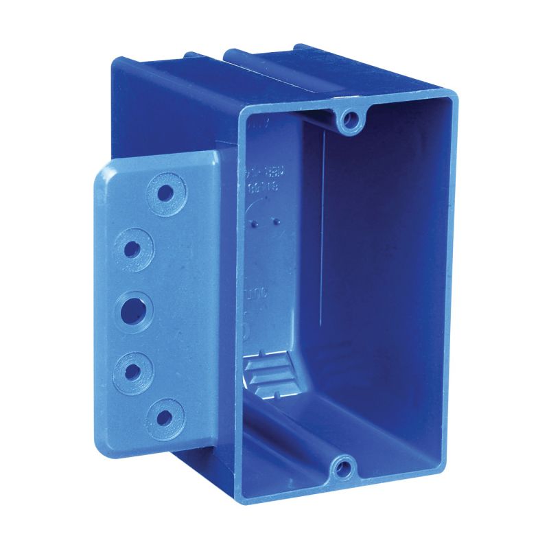 Carlon B118B-UPC Outlet Box with Bracket, 1 -Gang, 4 -Knockout, PVC, Blue, Bracket, Stud Mounting Blue