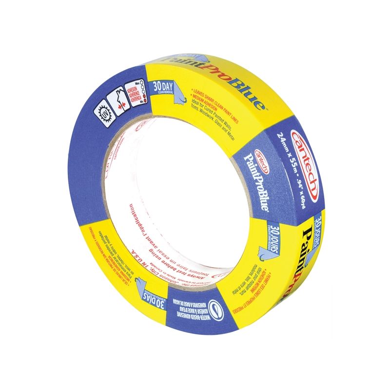 Cantech PaintPro Blue 308 Series 308-24 Masking Tape, 55 m L, 24 mm W, Crepe Paper Backing, Blue Blue