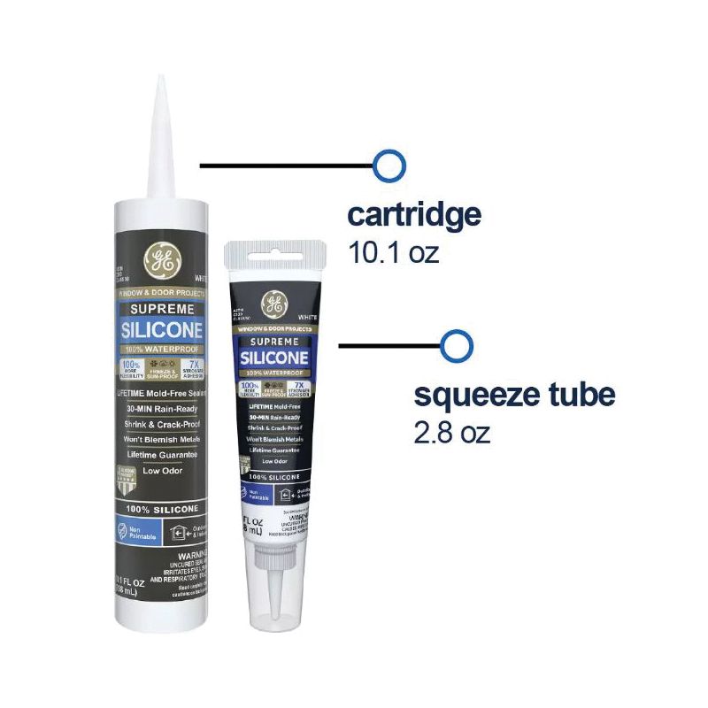 GE Supreme Silicone 2814816 Window &amp; Door Sealant, Clear, 24 hr Curing, 10.1 fl-oz Cartridge Clear (Pack of 12)