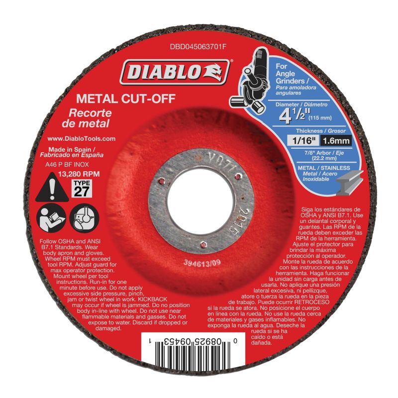 Diablo DBD045063701F Cut-Off Wheel, 4-1/2 in Dia, 1/16 in Thick, 7/8 in Arbor, Aluminum Oxide Abrasive