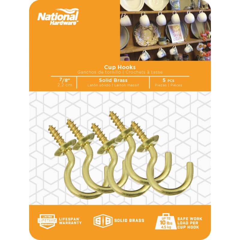 National Hardware 7/8 Cup Hooks, Solid Brass - 5 pack