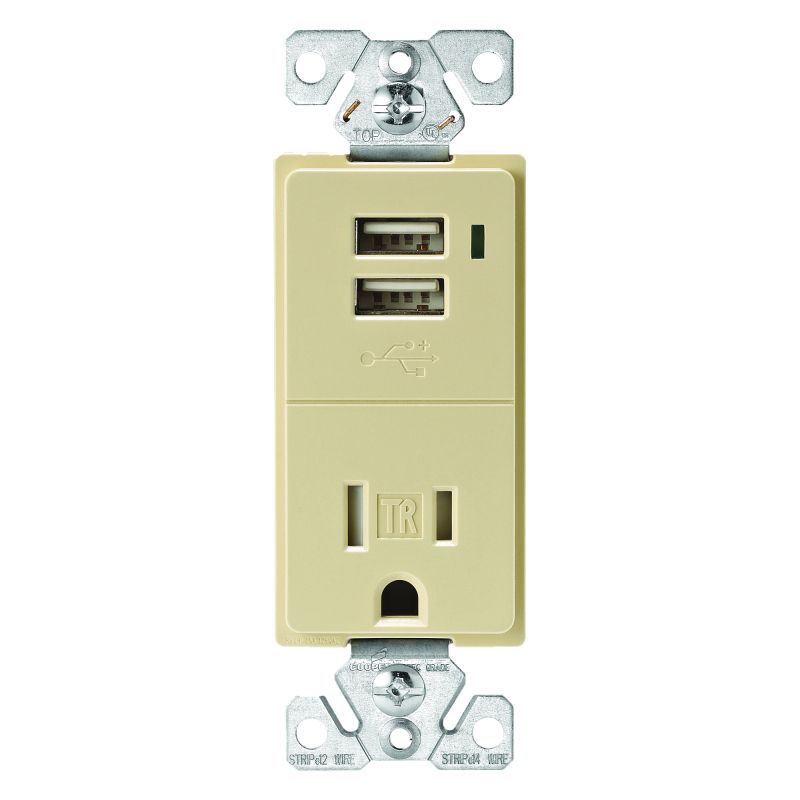 Eaton Cooper Wiring TR7740V-K Combination USB Receptacle, 2 -Pole, 0.7 A USB, 15 A Receptacle, 2 -USB Port, Ivory Ivory