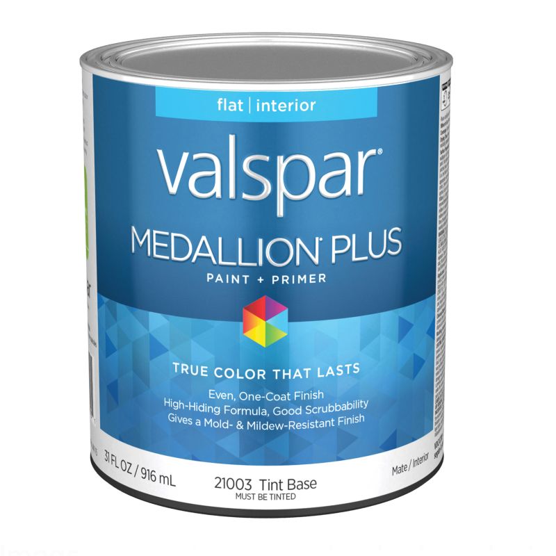 Valspar Medallion Plus 2100 05 Latex Paint, Acrylic Base, Flat Sheen, Tint Base, 1 qt, Plastic Can Tint Base