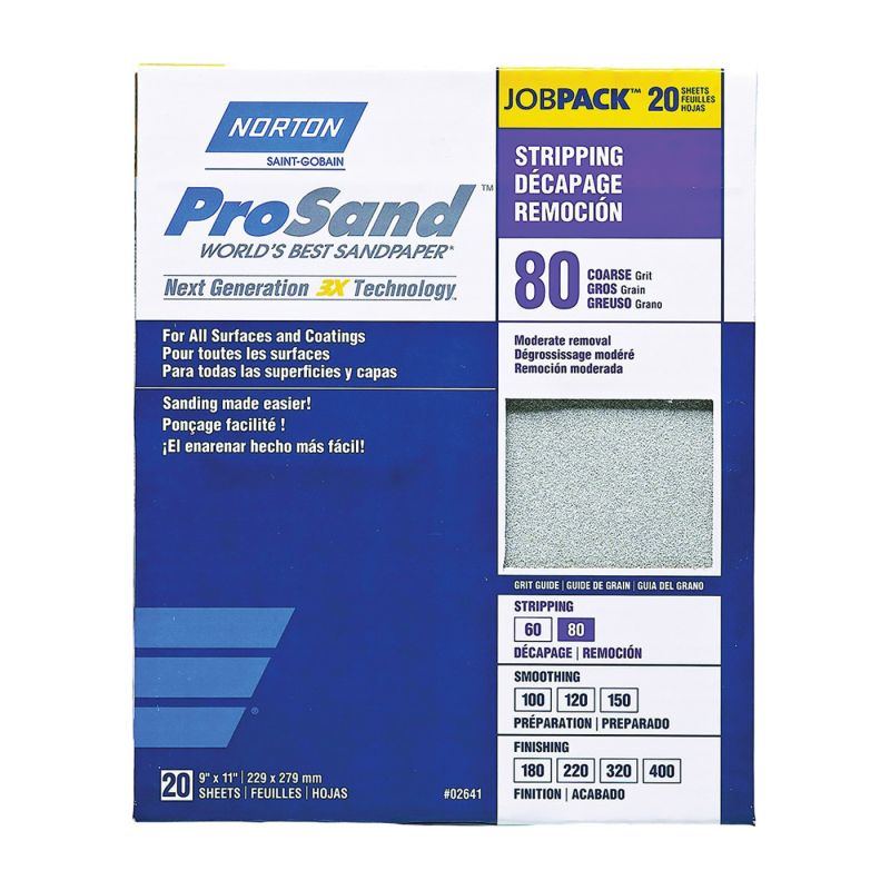 Norton ProSand 07660768174 Sanding Sheet, 11 in L, 9 in W, Coarse, 80 Grit, Aluminum Oxide Abrasive, Paper Backing Tan
