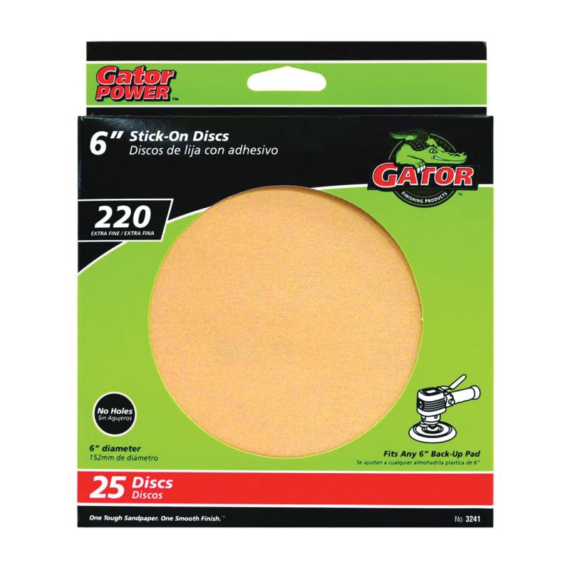 Gator 3241 Sanding Disc, 6 in Dia, Coated, 220 Grit, Extra Fine, Aluminum Oxide Abrasive, Paper Backing Gold