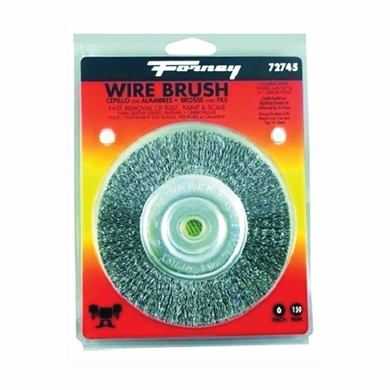 Forney 72745 Wire Wheel Brush, 6 in Dia, 1/2 to 5/8 in Arbor/Shank, 0.012 in Dia Bristle