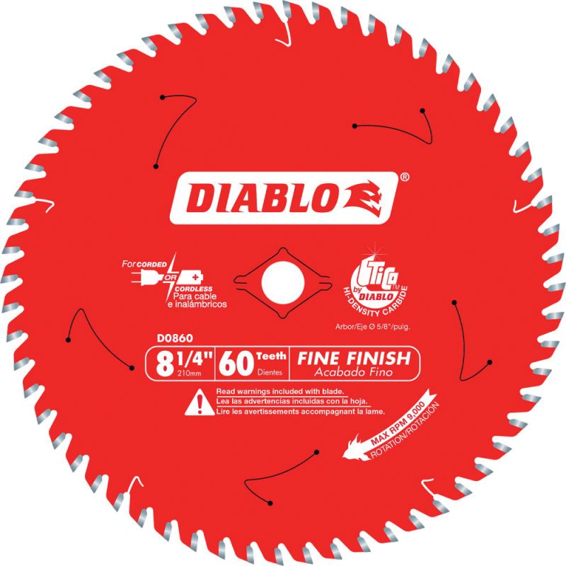 Diablo D0860X Saw Blade, 8-1/4 in Dia, 5/8 in Arbor, 60-Teeth, Carbide Cutting Edge